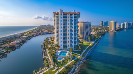 Aerial view of coastal high-rise buildings by the water.