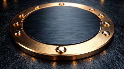 Obraz premium Brushed metal disc, gold frame, dark background, mockup