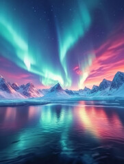 Winter outdoor snow mountain lake aurora scenery