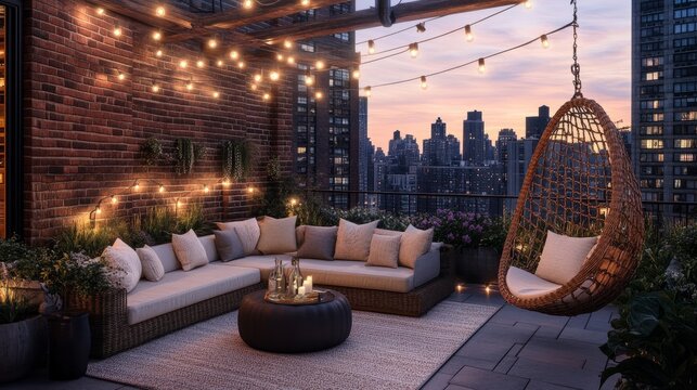 Urban rooftop escape at dusk, featuring a cozy outdoor sofa, a wicker hanging chair, and elegant string lighting