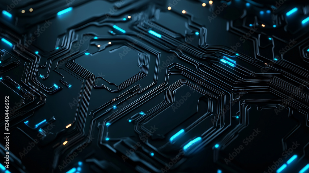 Poster futuristic dark circuit board with glowing blue lights, showcasing high tech and minimal design