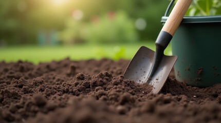 Shovel in soil with green bucket in garden, blurred background with plants and sunlight