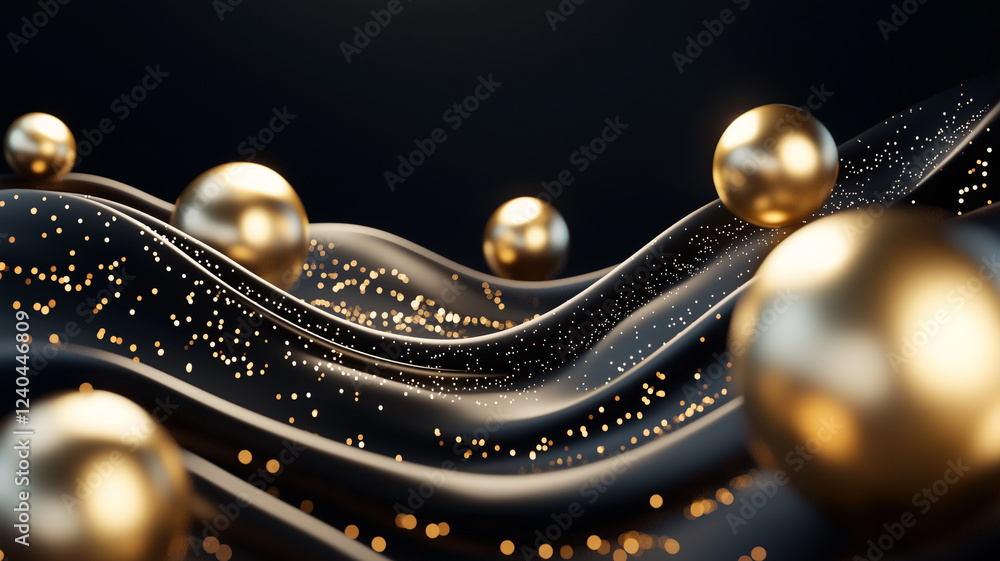 Poster Golden spheres rest on flowing black waves with shimmering particles, creating luxurious and abstract composition