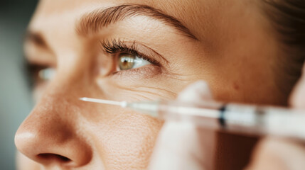 Doctor performing anti-aging treatment on female patient by injecting hyaluronic acid filler near the eye to reduce wrinkles and improve skin elasticity
