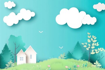 Fototapeta premium Serene landscape with paper cutout houses and fluffy clouds under a bright blue sky. Generative AI