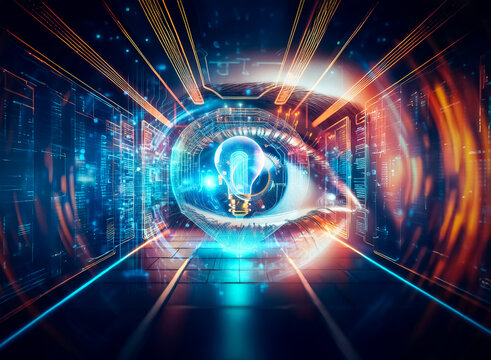 A double exposure image depicts a futuristic eye, symbolizing a new concept and idea of vision.  The vibrant colors and dynamic composition create a sense of movement and technological advancement.