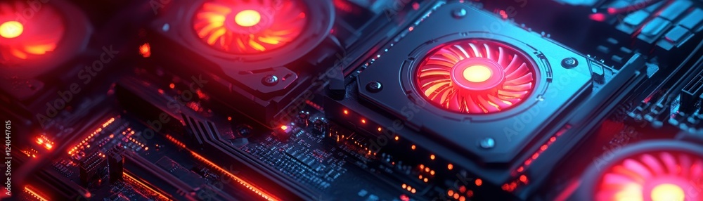 Poster a close-up view of computer hardware featuring illuminated fans, showcasing a high-tech, digital aes