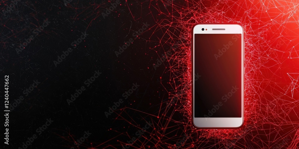 Poster mobile payment security platform concept. smartphone on a dark background with a red light effect.