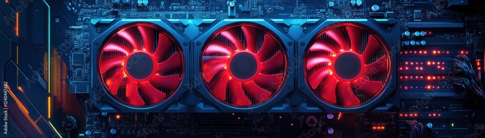 Poster a high-tech graphics card featuring three red fans set against a circuit board background, ideal for