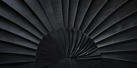 A stark black canvas with clean, minimalist fan shapes, Symmetrical and dynamic design