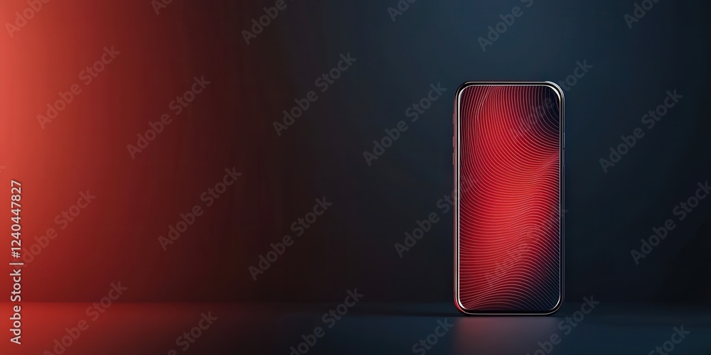Poster mobile payment security platform concept. red fingerprint pattern on a sleek smartphone against a da