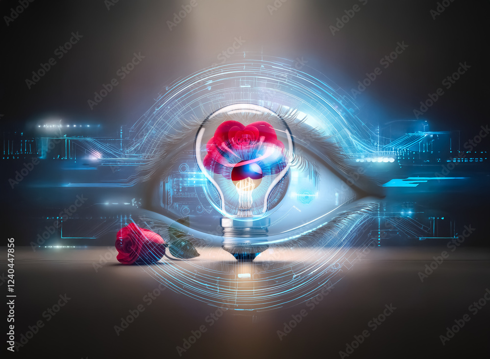 Poster a double exposure concept image showcasing a lightbulb with a heart inside, illuminated and surround