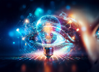 A double exposure image showcasing a concept: a glowing lightbulb, symbolizing an idea, interwoven with intricate network patterns and an eye, representing insight and vision.
