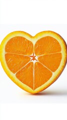 A heart-shaped slice of orange displays its juicy, bright segments. The fruit sits against a plain white background, emphasizing its vivid hue and unique shape, perfect for a healthy snack
