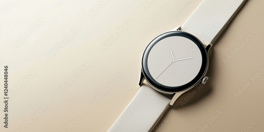 Poster sleek and minimalistic smartwatch with white strap and clean round face on beige background