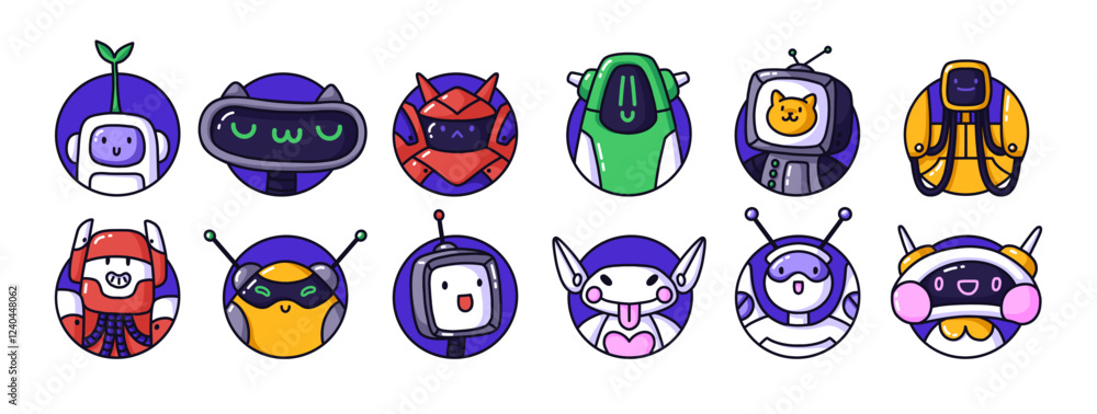 Aufkleber circle robot avatars set. round shape portraits of different cute cyborgs, funny humanoid machines. 