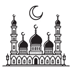 Traditional Mosque Silhouette with Crescent Moon Illustration