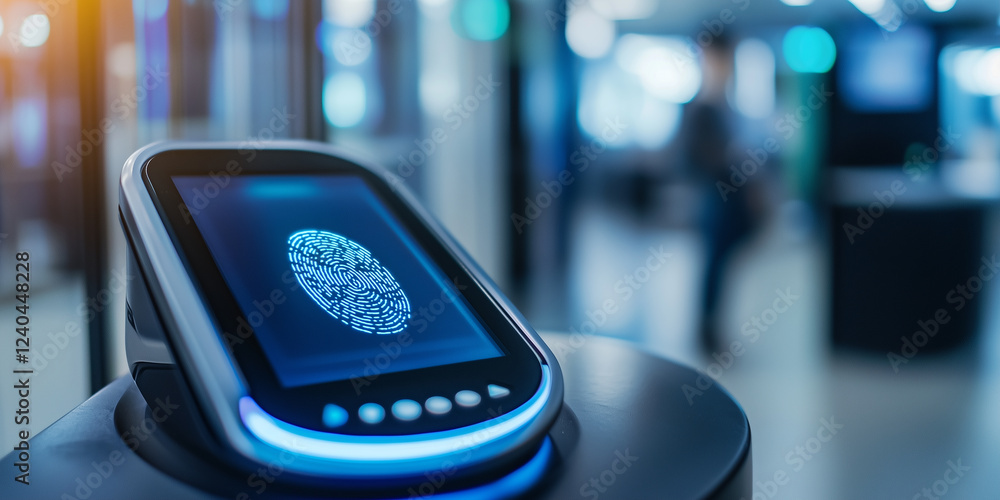 Poster digital fingerprint scanner with glowing interface in modern office environment