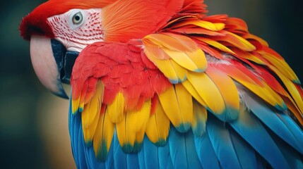 Fototapeta premium Close-up of a scarlet macaw's bright red, yellow, and blue feathers.