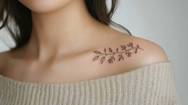Delicate Floral Collarbone Tattoo: A minimalist floral tattoo gracefully adorns a woman's collarbone, showcasing intricate linework and delicate botanical details.  The image emphasizes beauty.