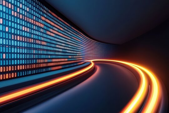 A futuristic tunnel with glowing binary code lines and vibrant light trails, symbolizing data flow and digital technology. - Powered by Adobe