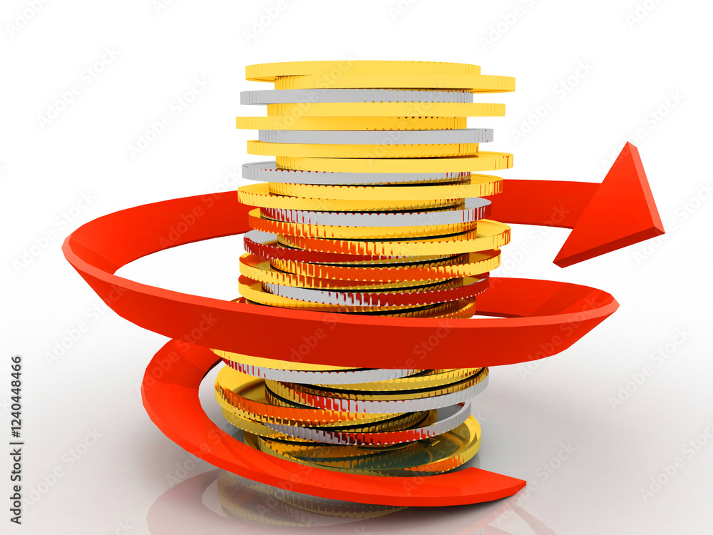Poster 3d rendering gold coins with arrow