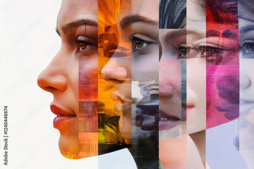 Poster digital glitch art cross-cultural unity in multicolored portraits - modern diversity representation 