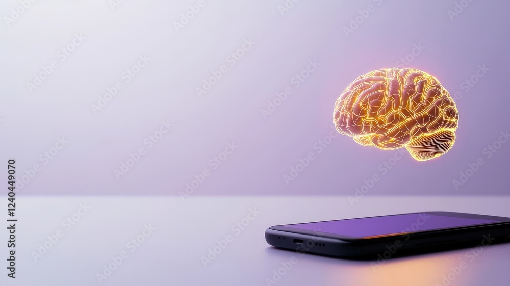 Poster mobile payment security platform concept. floating brain above a smartphone in a modern setting.