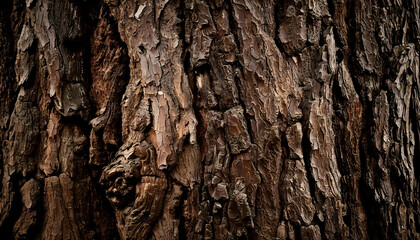 Dramatic close-up of dark brown tree bark texture.  Rich, detailed image ideal for backgrounds, website design, or nature-themed projects.  Provides a rustic and organic feel.