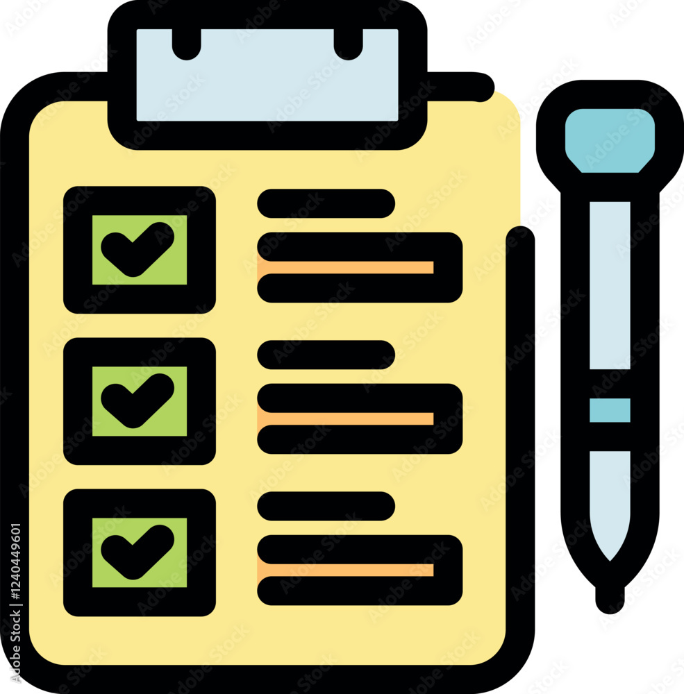 Poster clipboard displaying completed tasks, marked with checkmarks, alongside a pen, symbolizing successfu