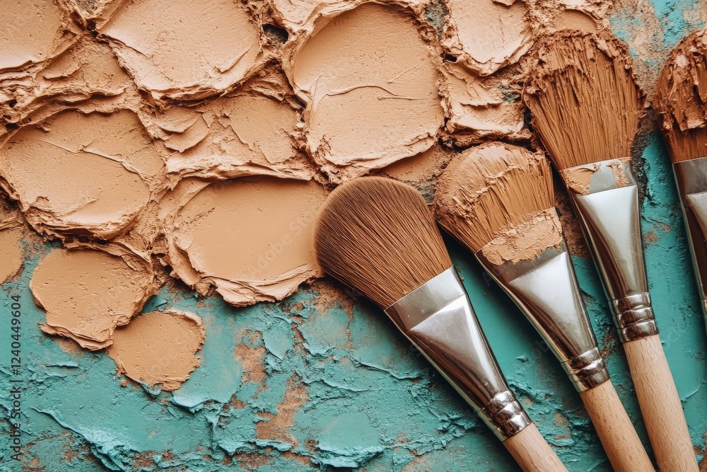 Poster creative process of applying makeup with brushes and various shades on a textured surface in a brigh
