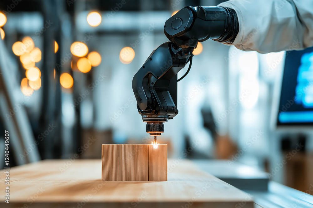 Poster ai powered robotic arm crafting custom wooden cabinet with precision in modern workshop