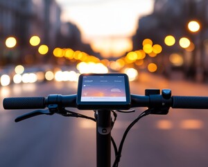 Tech-Infused Urban Mobility E-Scooter Handlebar with Ride-Share App in Morning Glow - Sustainable Commuting Solutions for Smart City Professionals