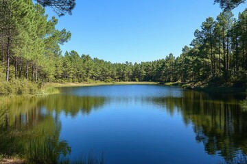 Obraz premium A serene lake surrounded by lush greenery and tall trees under a clear blue sky, reflecting the beauty of nature.