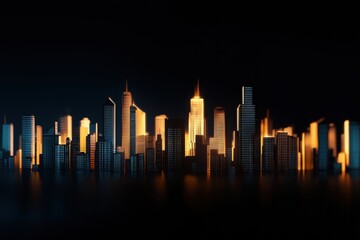 A vibrant city skyline at night, illuminated by glowing lights against a dark backdrop, showcasing modern architecture and an energetic urban atmosphere.
