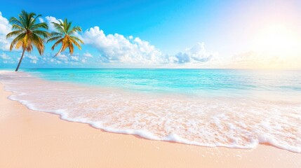 Tropical beach sunrise, palm trees, ocean waves