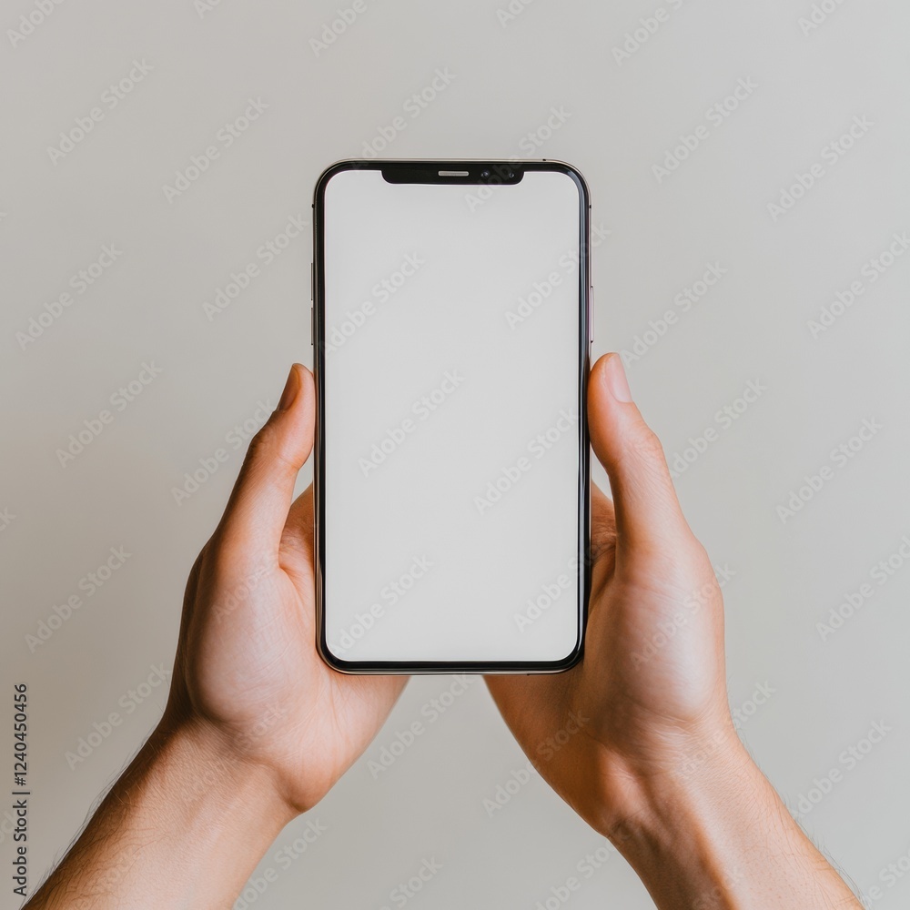 Aufkleber minimalist connectivity visual womans hands holding smartphone with blank screen in coffee shop - st