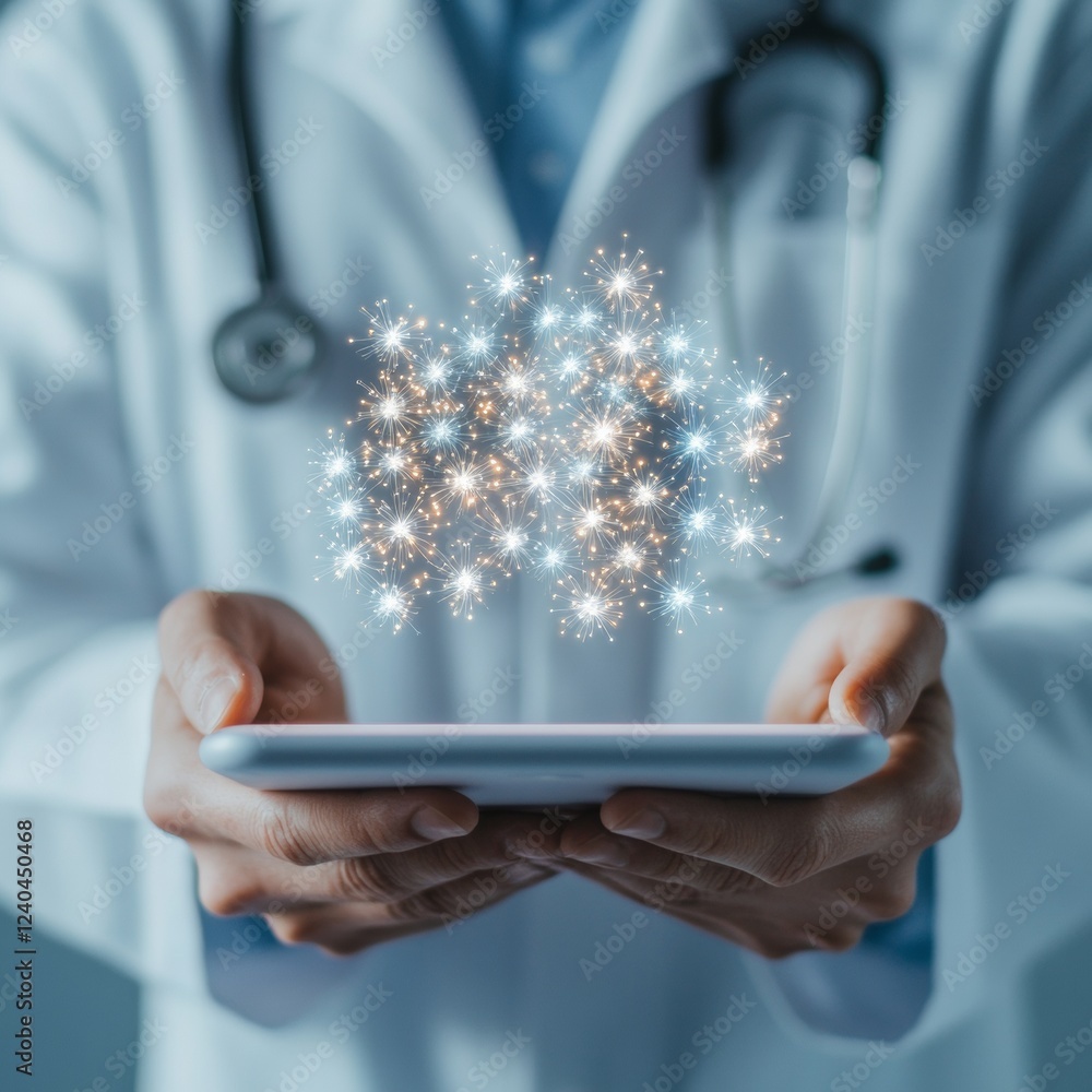 Aufkleber cutting-edge medical visualization doctor with digital tablet and holographic icons - futuristic hea