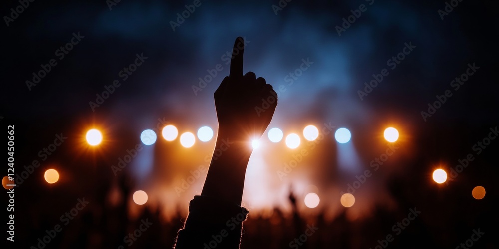 Poster silhouette dynamics vibrant concert crowd with illuminated stage spotlights - live performance visua