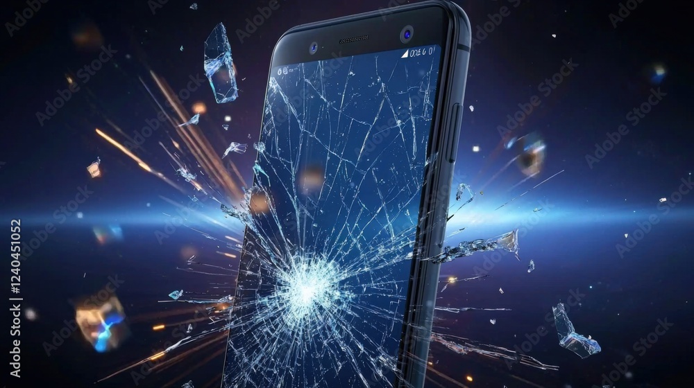 Poster shattering moment technology digital image studio close-up broken smartphone display with explosive 