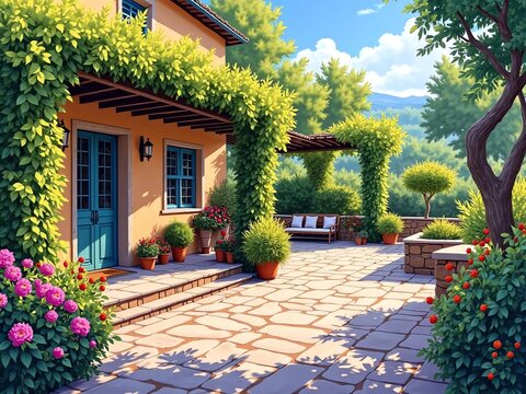 A vibrant watercolor painting of a Mediterranean garden in summer, filled with blooming bougainvillea, citrus trees, and rustic stone pathways, A cozy terrace with a sunlit pergola draped in grapevine