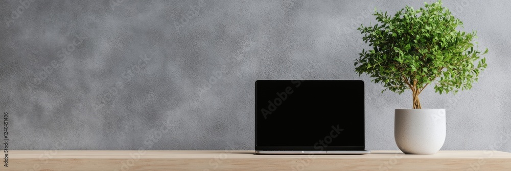 Poster minimalist workspace modern laptop with green foliage on natural wood - streamlined design and tech-
