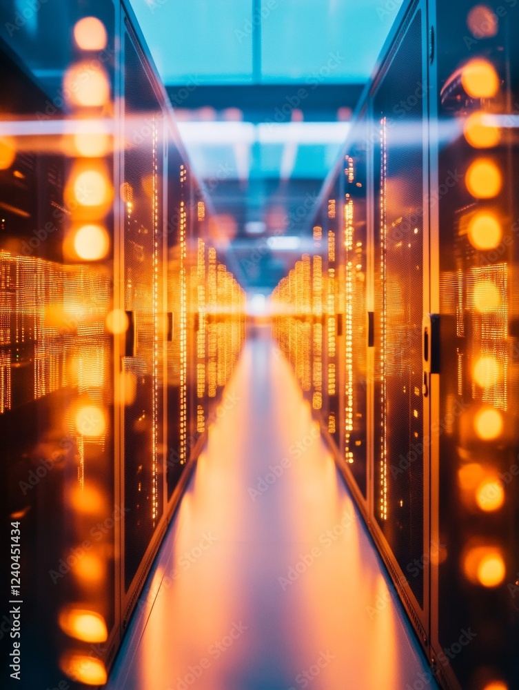 Poster Cybersecurity Aesthetic Advanced Server Room with Illuminated LED Panels and Glass Walls for Secure Data Management - Modern IT Infrastructure and Business Protection Solutions