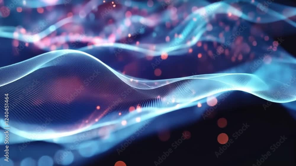 Poster abstract digital waveform: blue and red particle flow