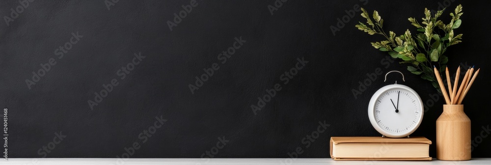 Poster minimalist academic display modern chalkboard with books and desk globe - educational content creati