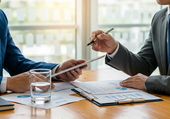 Close-up of two professionals discussing financial documents and contracts at a business meeting.