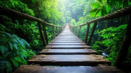 jungle rainforest Pathways Trail Wooden bridge crossing a stream in a rainforest, surrounded by lush greenery