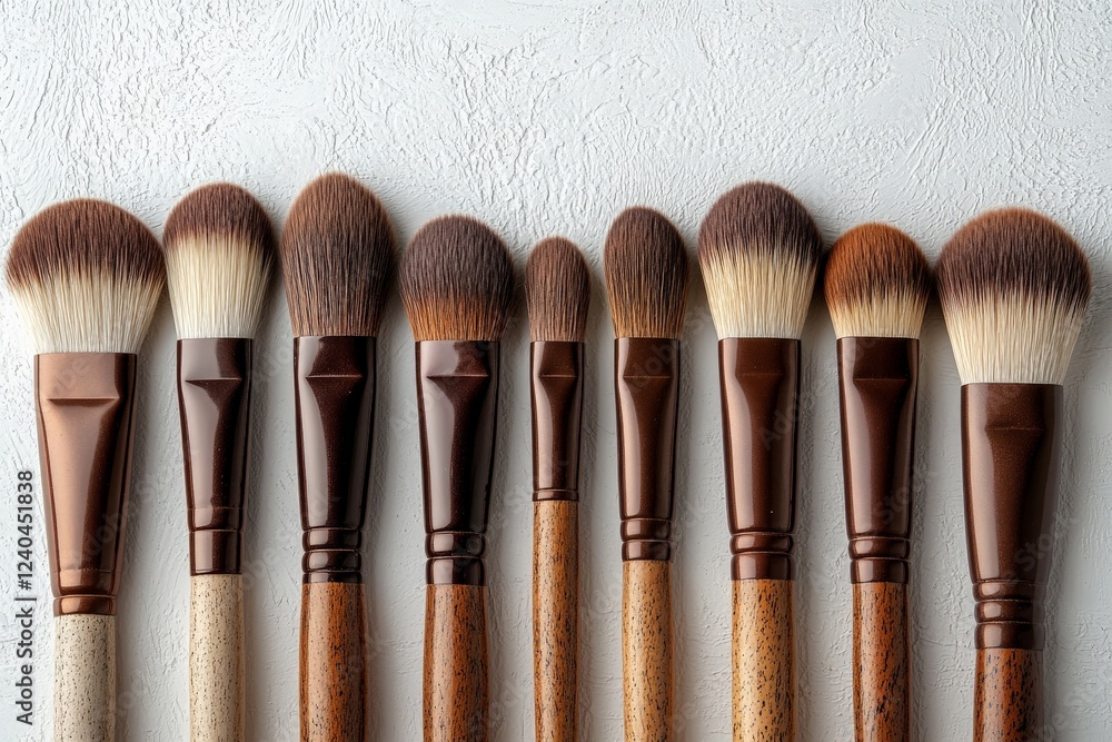 Poster various makeup brushes arranged neatly on a textured surface in soft lighting, showcasing their uniq