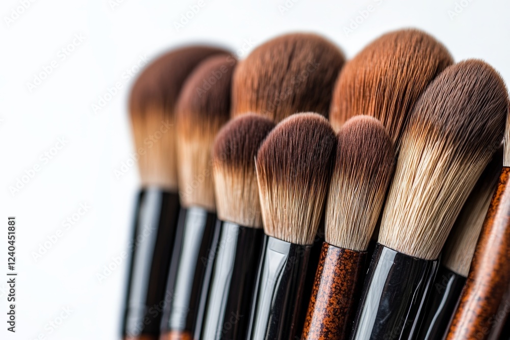Poster brushes arranged in a neat row showcasing diverse bristle shapes and sizes for makeup application in