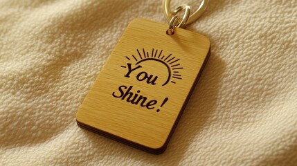A smooth wooden keychain with a laser-engraved smiling sun and the text "You Shine!" placed on a soft beige surface.
